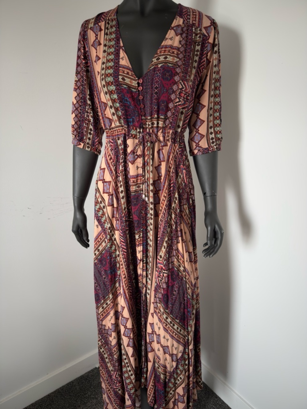 143. Jaase Printed V-Neck Maxi Dress with Elastic Waist Button Down
